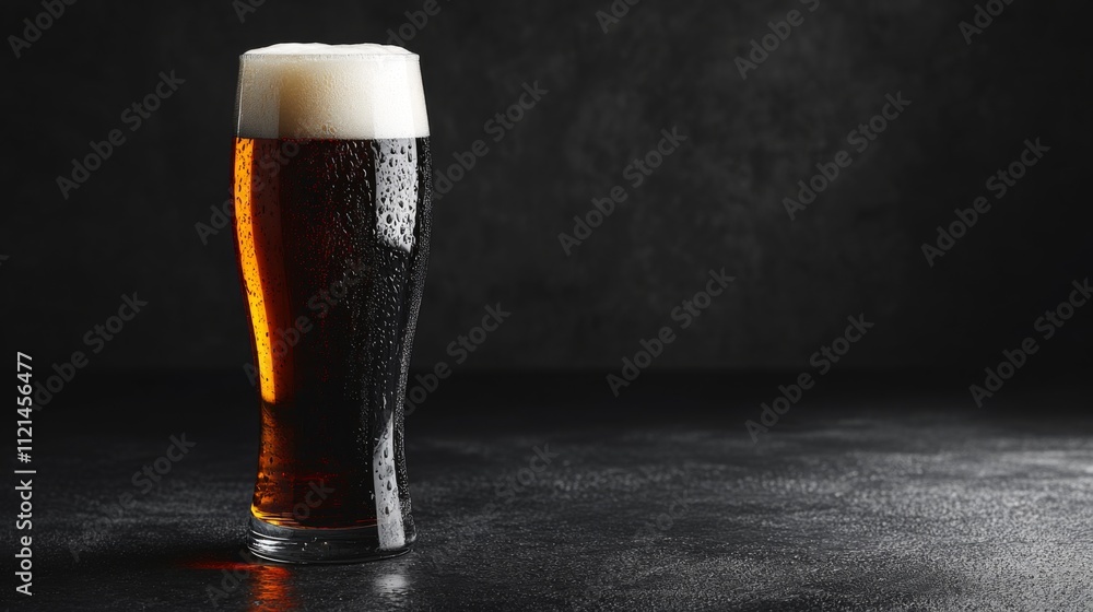 Poster Refreshing glass of dark beer with foam on a textured surface
