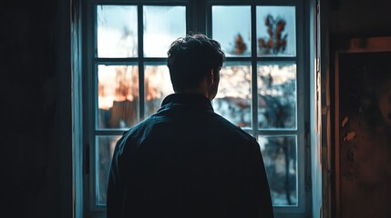 A man stands in a dark room looking out of a window.