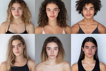 Diverse group of young models showcasing unique hairstyles and expressions in a studio setting