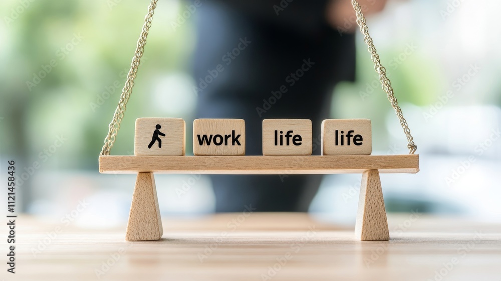 Poster balancing work and life: a visual representation of work-life balance with wooden blocks on a scale 