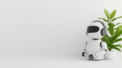 Minimalist AI robot with headset providing tech support in a modern workspace setting