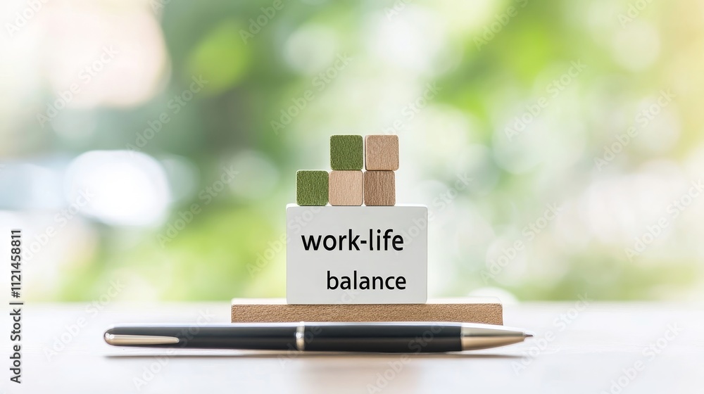 Aufkleber conceptual representation of work-life balance with wooden blocks and pen on a table surrounded by a