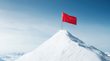 Red flag proudly waves atop a snowy mountain peak against a clear blue sky
