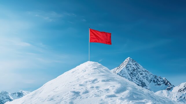 Snowy mountain peak adorned with a vibrant red flag under a clear blue sky