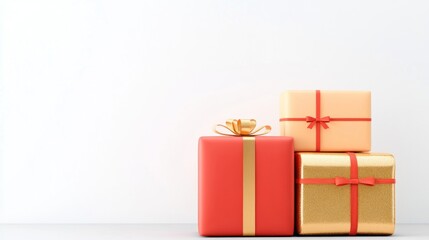Three beautifully wrapped gifts in festive colors on a plain background.