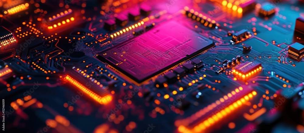 Poster Close-up of a circuit board with glowing lights, showing intricate details of a processor.