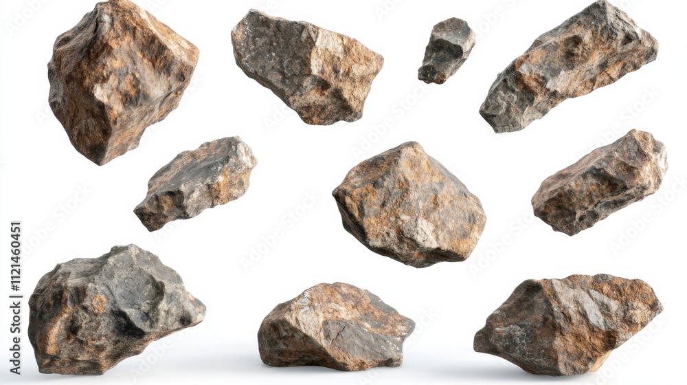 Poster floating rough meteorite rocks with realistic cracks and patterns on a pristine white backdrop
