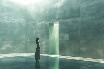 Fototapeta premium A lonely girl stands quietly in front of an open door on a plain gray wall, evoking mystery and solitude. 