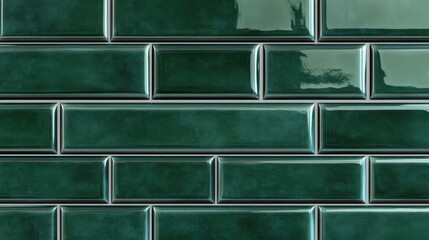 Glossy dark green subway tile wall texture with a seamless wide tile pattern, perfect for chic designs