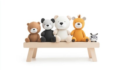 Collection of Cute Plush Animal Toys on Wooden Bench Featuring Bear, Panda, Polar Bear, Orange Animal, and Miniature Zebra for Children's Room Decor and Playtime