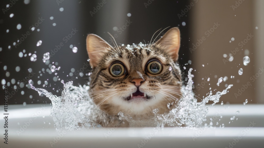 Poster playful cat splashing in water with surprised expression