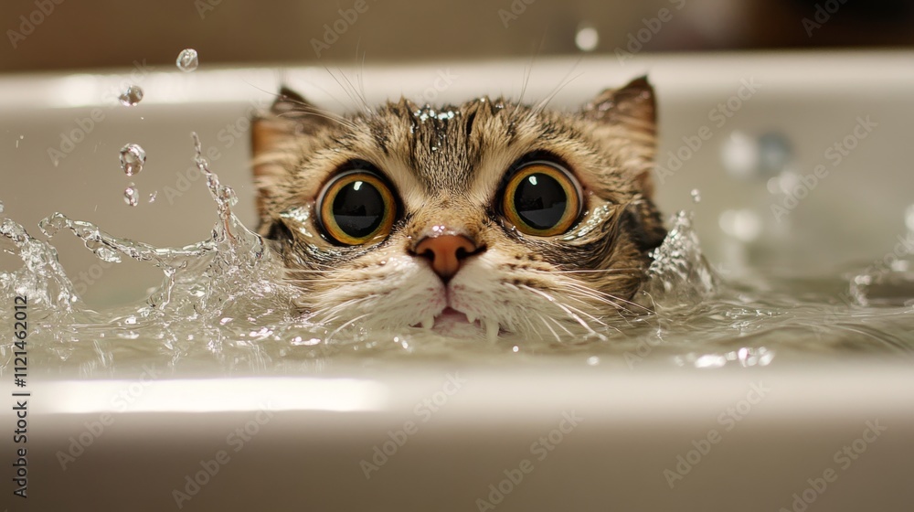 Poster Curious Cat Emerging from Water in a Sink with Splashing Droplets