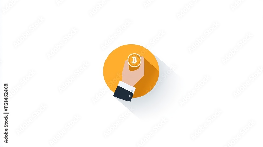 Poster hand holding bitcoin coin on circular orange background with long shadow – symbolizing cryptocurrenc