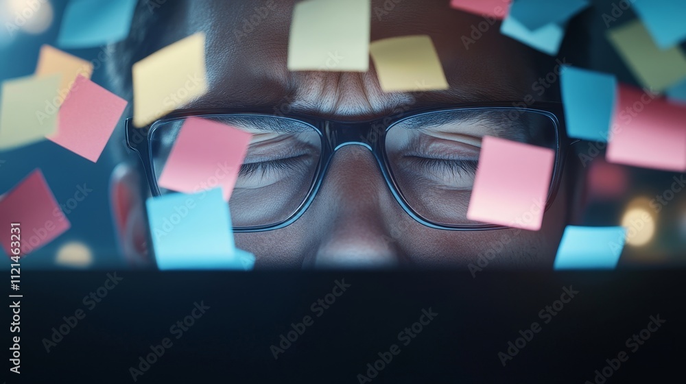 Poster close-up of stressed person working at computer with colorful sticky notes covering the face in a di