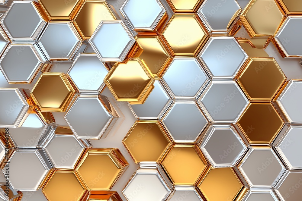 Poster A repeating hexagonal pattern with gradient shades of silver and gold