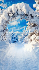 Snow-covered evergreen branches with falling snowflakes and a vibrant blue winter background, creating a serene winter wonderland.