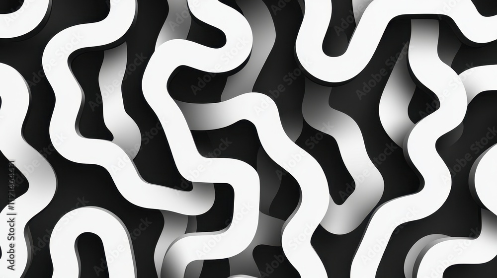 Poster minimalist black and white abstract background with wavy lines forming a continuous maze-like design