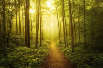 Obraz premium A sunlit forest path winds through lush greenery, illuminated by golden morning rays creating an ethereal sanctuary.