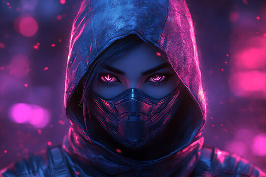 A bold illustration of a mysterious female ninja head designed as a gaming mascot, set against a striking e-sport background wallpaper.
