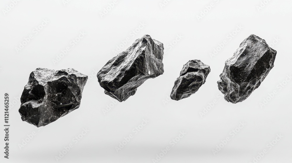 Poster realistic cluster of meteorite rocks suspended on a white background, highlighting intricate details