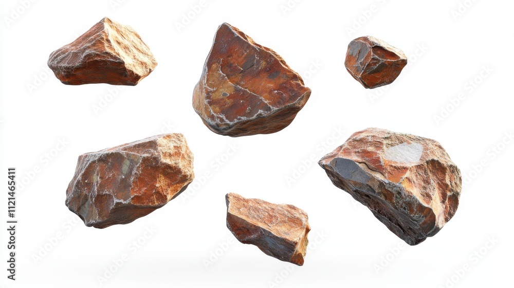 Poster realistic floating meteorite stones with rugged textures and natural patterns on a bright white back