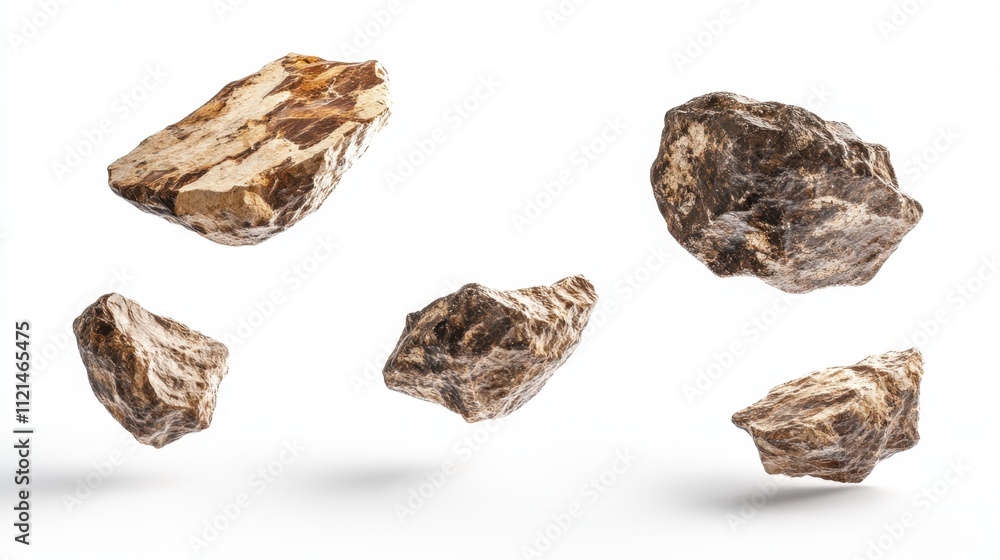 Poster realistic floating meteorite stones with rugged textures and natural patterns on a bright white back