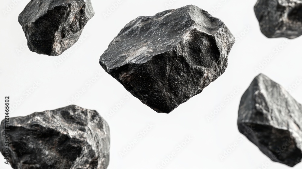 Poster realistic floating meteorite stones with rugged textures and natural patterns on a bright white back