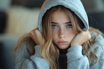 A stubborn teenage girl pulls her hood over her head, avoiding her mom’s apology while sitting on a couch at home.
