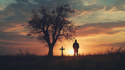 silhouette of a man standing near a cross under a lone tree at sunset. The vibrant orange and gold hues of the sky create a contemplative and serene atmosphere, symbolizing remembrance and reflection