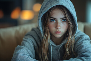 A stubborn teenage girl pulls her hood over her head, avoiding her mom’s apology while sitting on a couch at home.
