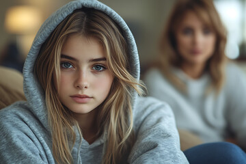 A stubborn teenage girl pulls her hood over her head, avoiding her mom’s apology while sitting on a couch at home.

