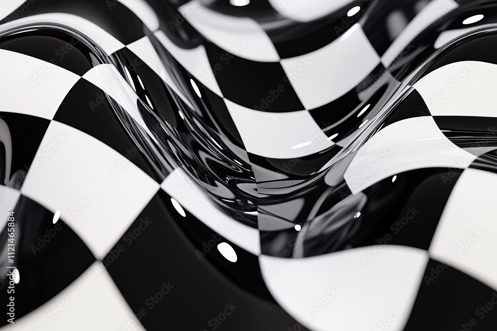 Poster a minimalistic black-and-white checkerboard with a distorted, wavy effect