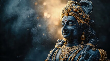 Hindu God Vinshnu Ancient Sculpture in Black Marble, divine light