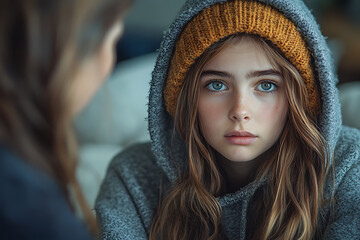 A stubborn teenage girl pulls her hood over her head, avoiding her mom’s apology while sitting on a couch at home.
