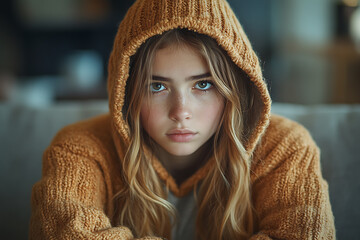 A stubborn teenage girl pulls her hood over her head, avoiding her mom’s apology while sitting on a couch at home.
