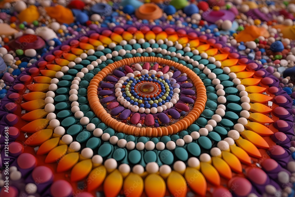 Poster a mesmerizing circular mandala made of tiny, intricate geometric shapes in bright colors.