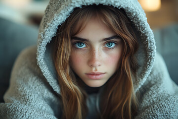 A stubborn teenage girl pulls her hood over her head, avoiding her mom’s apology while sitting on a couch at home.
