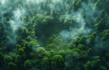 Obraz premium Lush forest clearing surrounded by towering trees. An aerial view captures a green forest clearing, encircled by dense trees and mist, creating a serene atmosphere.