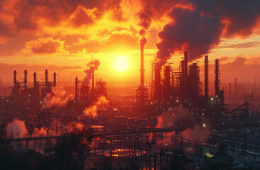 Sunset over industrial landscape with smokestacks. A vibrant sunset illuminates an industrial area with smokestacks and silhouettes of structures against the sky.