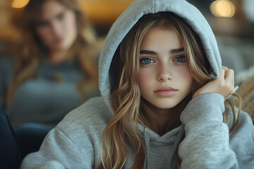 A stubborn teenage girl pulls her hood over her head, avoiding her mom’s apology while sitting on a couch at home.
