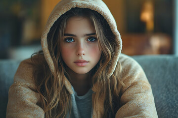 A stubborn teenage girl pulls her hood over her head, avoiding her mom’s apology while sitting on a couch at home.
