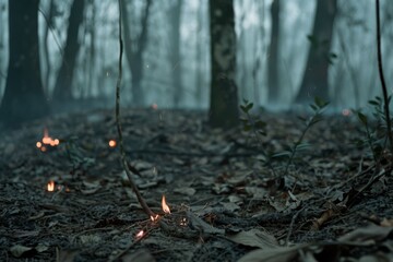 Small flames flicker among the trees in a misty forest, creating an atmospheric scene.