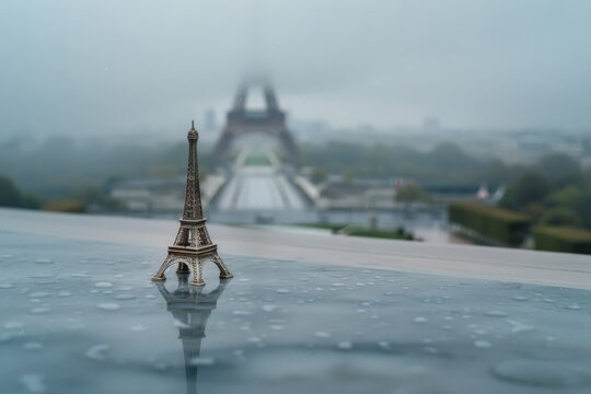 A miniature Eiffel Tower stands on a wet surface, with the real Eiffel Tower faintly visible in the misty Parisian background.