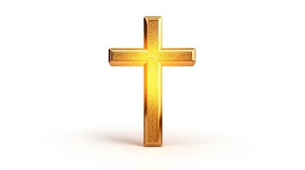 A golden cross illuminated against a white background.
