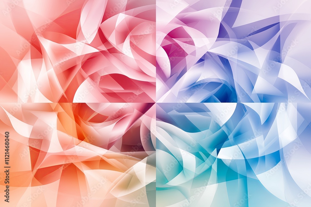 Poster A kaleidoscope of overlapping geometric shapes in a gradient of warm and cool tones.