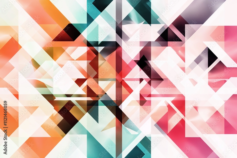 Poster A kaleidoscope of overlapping geometric shapes in a gradient of warm and cool tones.