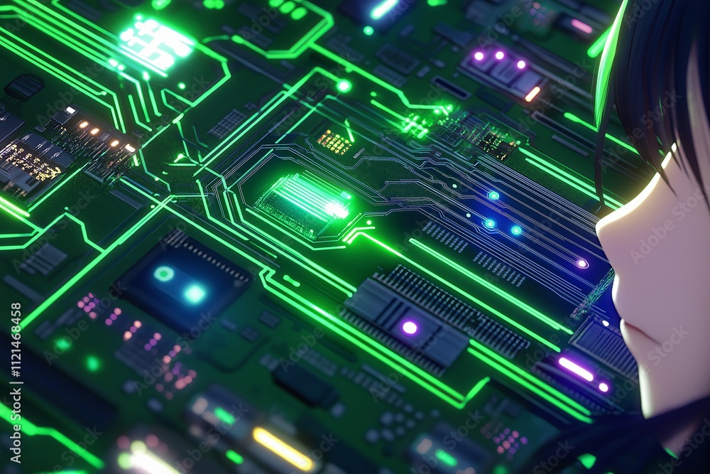 Poster a high-tech circuit board pattern with glowing green and blue details