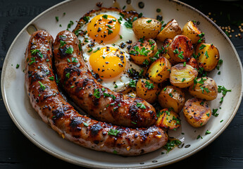 Delicious breakfast with sausage and fried eggs. Two grilled sausages served alongside golden fried eggs and roasted potatoes, garnished with fresh herbs.