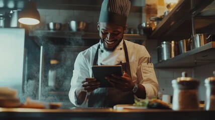 Cheerful chef using a digital tablet in a busy professional kitchen, embracing technology for culinary innovation