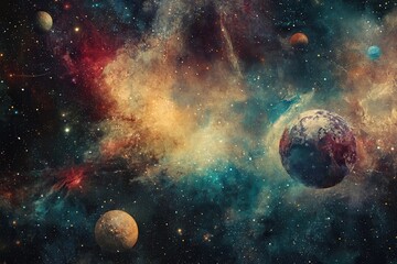 Naklejka premium A Cosmic Landscape with Planets and Nebulae